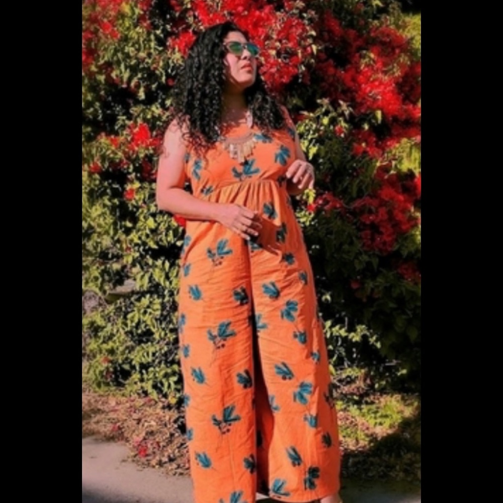 Anthropologie Orange Wide-Leg Floral Jumpsuit